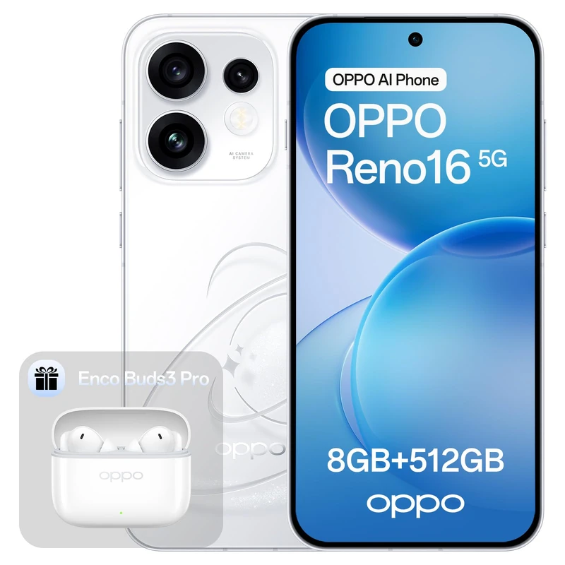 OPPO Reno16 5G 512GB 8GB RAM Pop White Enco Buds3 Pro Glaze White