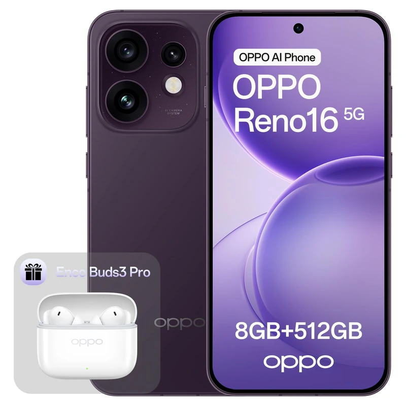 OPPO Reno16 5G 512GB 8GB RAM Twilight Violet Enco Buds3 Pro Glaze White