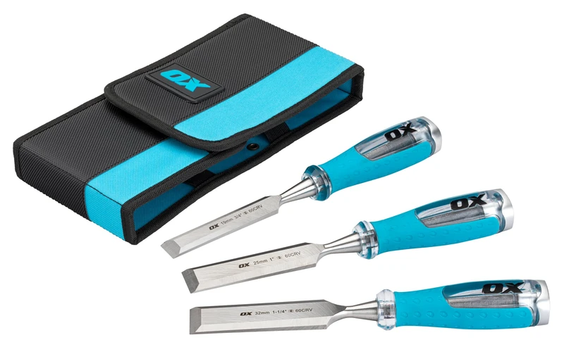 OX Pro 3 Piece Wood Chisel Set in Velcro Case - 13mm, 19mm & 25mm