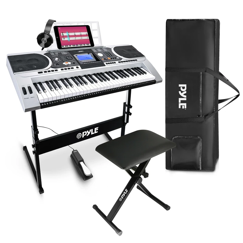 Pyle 61 Key Keyboard Piano Set with Stand Stool Sustain Pedal Headphones – Digital Music Piano Keyboard with LCD Display, 162 Sounds, USB MIDI for Kids and Adults with Bag and Music Stand