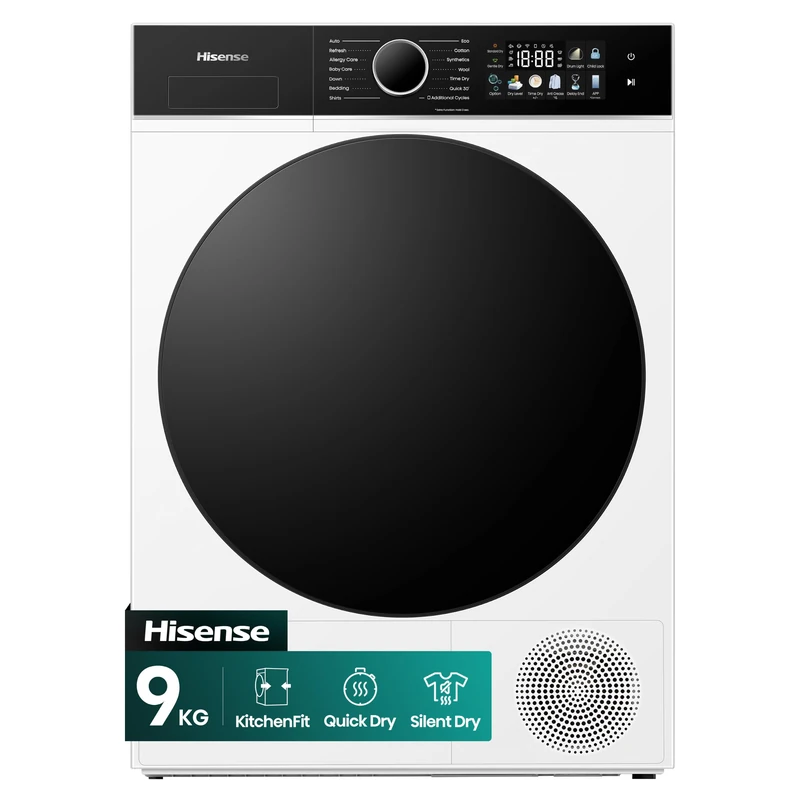 Hisense 3I Series DH3I902UWDC 9kg Heat Pump Tumble Dryer, Wi-Fi, 14 Programmes, Quick Dry, Refresh, Anti-Crease, Reversible Door, White