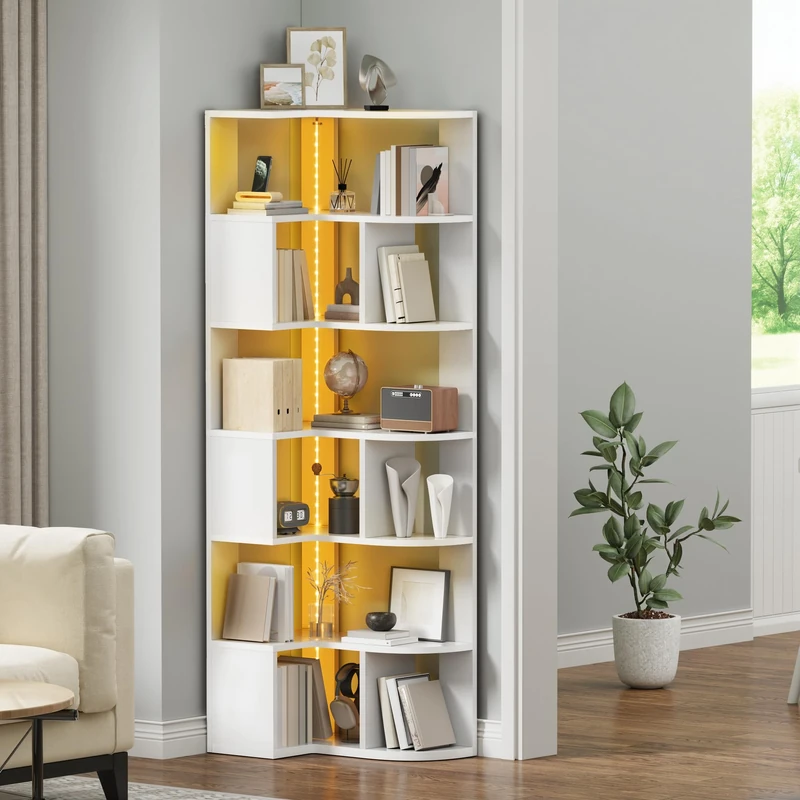 YITAHOME Corner Book Shelf, 7-Tier L-Shaped Corner Bookshelf with LED Light