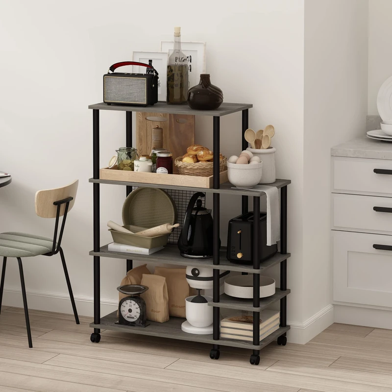 Furinno TURN-N-TUBE Bakers Rack with Wheels, 4-Tier Kitchen Storage Cart, Kitchen Cart, Coffee Bar, Pantry Organizers and Storage, Grey Oak