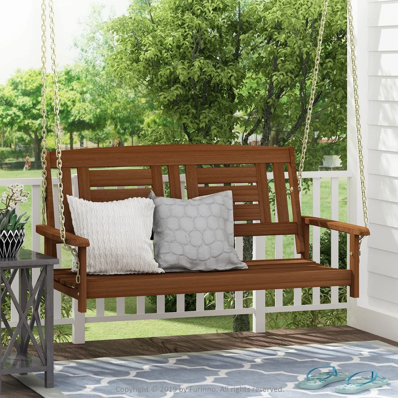 Furinno TIOMAN Porch Swing, Outdoor Hanging Wooden Swing with Chain, for Patio, Garden, Porch, Light Wood