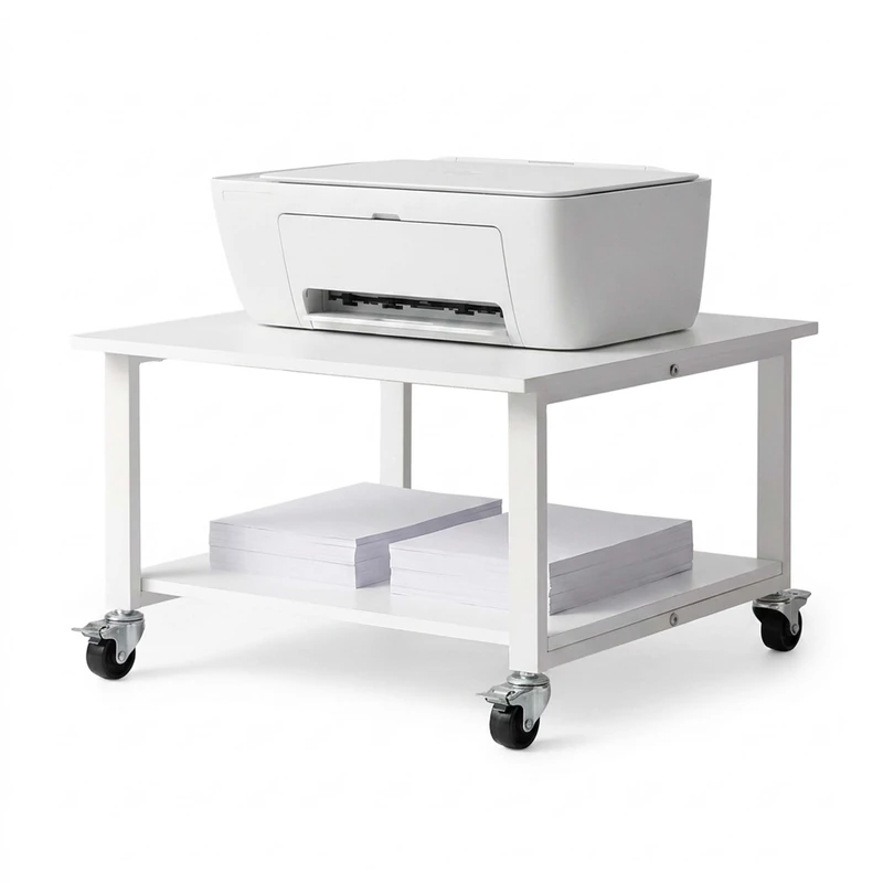 Relaxdays, printer desk with castors, 2 shelves, steel & chipboard, white