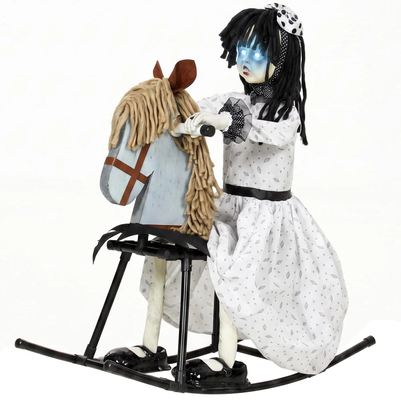 HOMCOM 72cm Animated Halloween Rocking Horse Girl Animatronic Haunted Doll