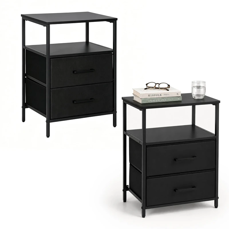 Relaxdays Bedside Table 2-Pack - Black MDF with Drawers