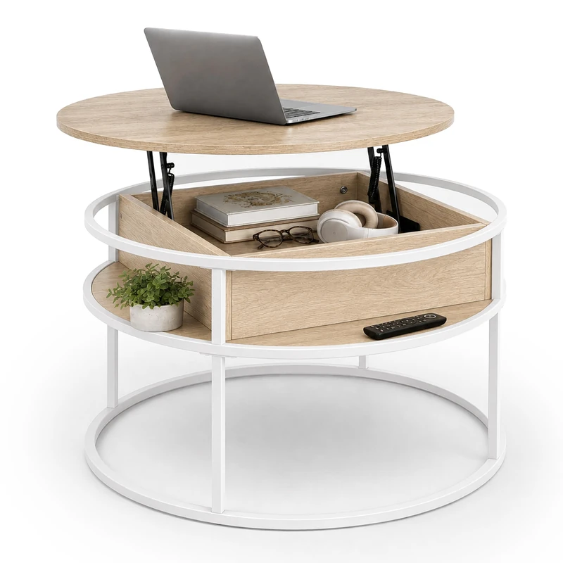Relaxdays, round coffee table, with lift-top and storage space, white-beige
