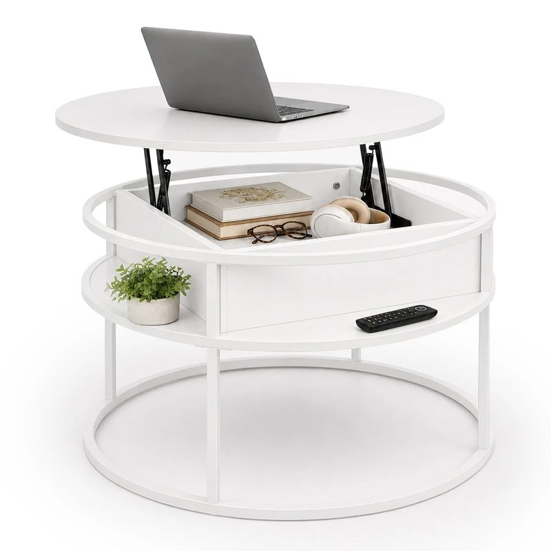 Relaxdays round coffee table, lift-top & storage, living room, white