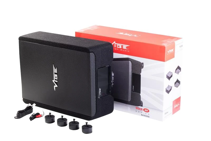 VIBE BA10ASQ-V4 Active Bass Enclosure, BLACKAIR10D2S Subwoofer loaded into shallow MDF box, powered by POWERBOX slide in amplifer, Black, 900W, 30Hz–250Hz, Mono
