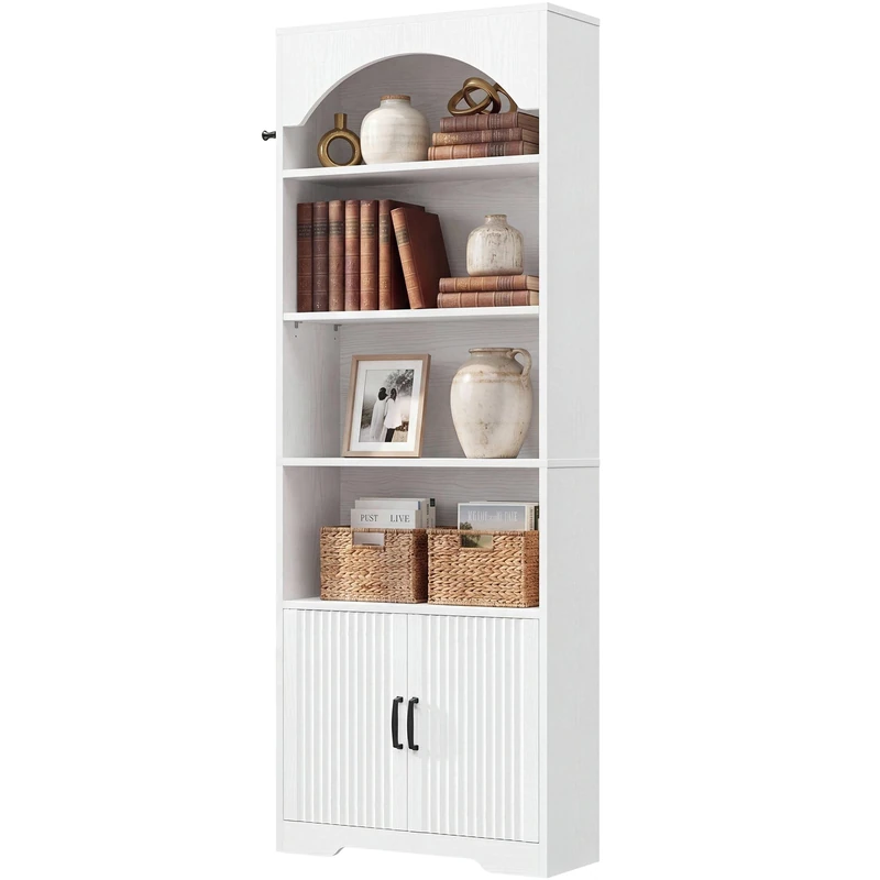 IRONCK Bookcase with Doors, 180cm Tall Arched Bookcase, White