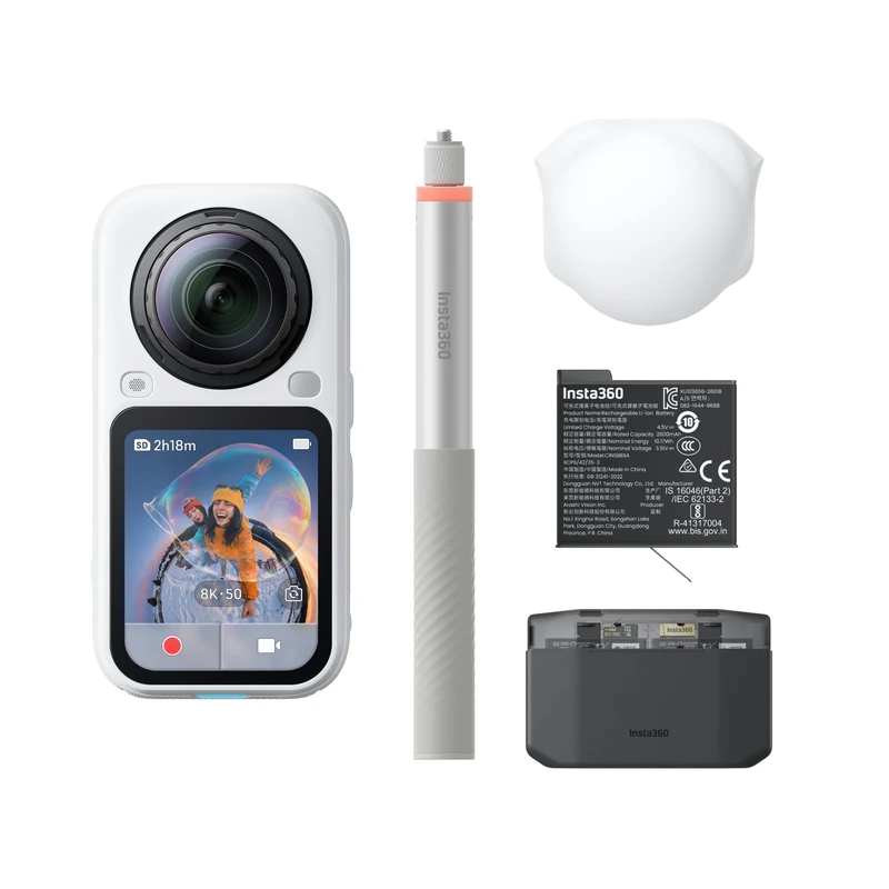 Insta360 X6 Essentials Bundle – 8K 360° Action Camera, Dual 1/1.1" Sensors, Extra Battery, Charging Case & Invisible Selfie Stick, Arctic White