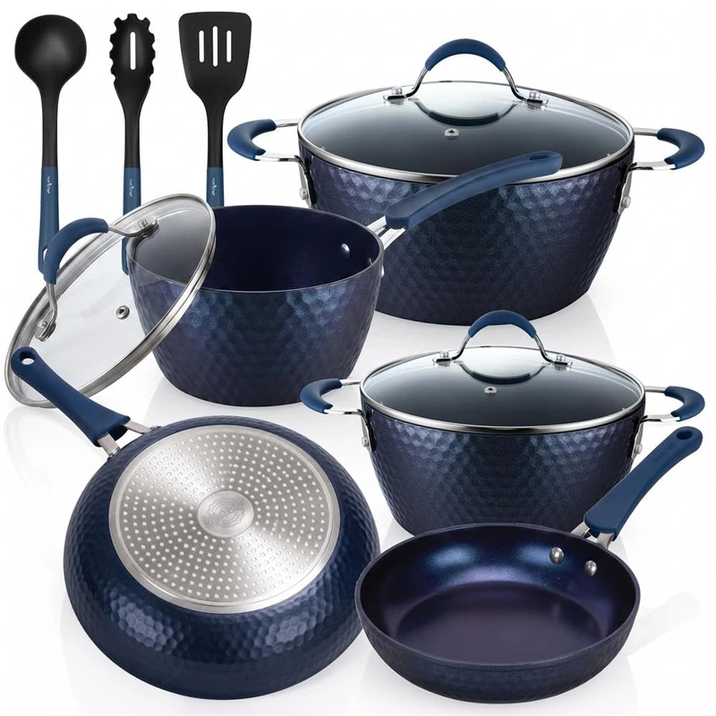 NutriChef Pan Set & Pot Set 11-Piece Non-Stick Coating - Cooking Pot Set with Transparent Lids & Ceramic Layer - Pots Set for Gas, Electric & Induction Cookers - PFOA/PFOS Free