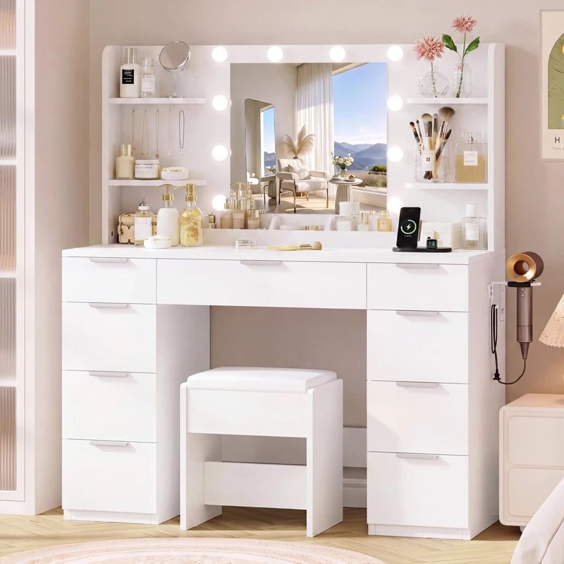 IRONCK Dressing Table with LED Mirror and Stool, Power Outlet,Jewelry Hooks