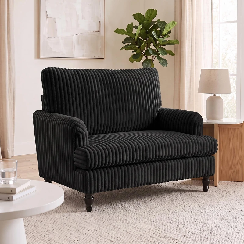 HOMCOM Modern Accent Chair Corduroy Armchair Stripes Turned Legs Black