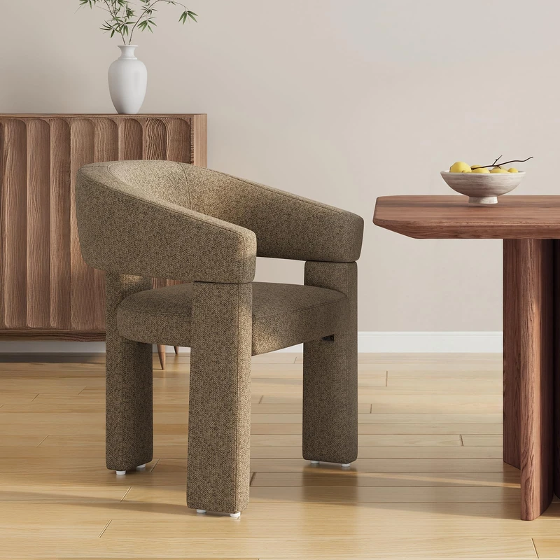 MALOL Wooden Dining Chairs Set of 1, Fabric Accent Chairs with Armrest, Comfy Round Upholstered Arm Chair with 3 Legs, Kitchen Chairs for Dining Room, Living Room, Camel
