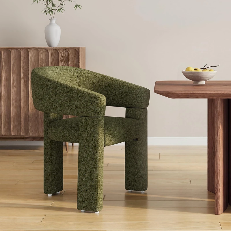 MALOL Wooden Dining Chairs Set of 1, Fabric Accent Chairs with Armrest, Comfy Round Upholstered Arm Chair with 3 Legs, Kitchen Chairs for Dining Room, Living Room, Green