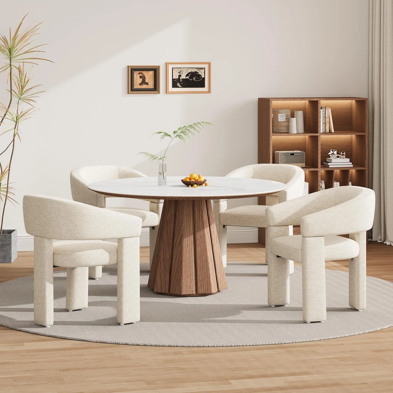 MALOL Wooden Dining Chairs Set of 4, Fabric Accent Chairs with Armrest, Comfy Round Upholstered Arm Chair with 3 Legs, Kitchen Chairs for Dining Room, Living Room, Beige