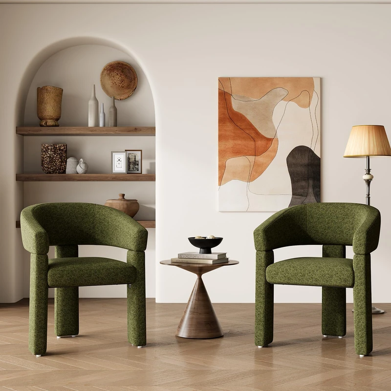 MALOL Wooden Dining Chairs Set of 2, Fabric Accent Chairs with Armrest, Comfy Round Upholstered Arm Chair with 3 Legs, Kitchen Chairs for Dining Room, Living Room, Green