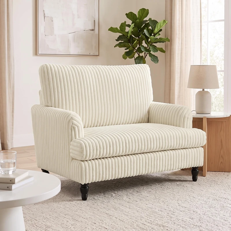 HOMCOM Modern Accent Chair with Stripes, Turned Legs, Wide Seat, Cream