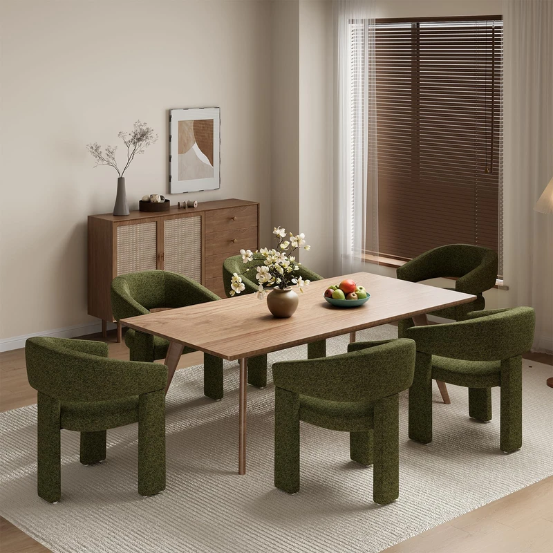 MALOL Wooden Dining Chairs Set of 6, Fabric Accent Chairs with Armrest, Comfy Round Upholstered Arm Chair with 3 Legs, Kitchen Chairs for Dining Room, Living Room, Green