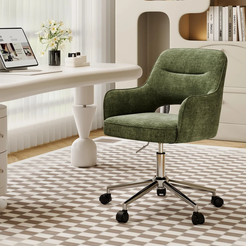 MALOL Fabric Office Chair with Armrest, Hollow Backrest Desk Chair, Swivel Makeup Vanity Chair with Height Adjustable for Home Office, Bedroom, Study (Green)