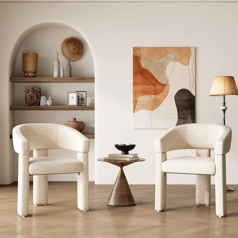 MALOL Wooden Dining Chairs Set of 2, Fabric Accent Chairs with Armrest, Comfy Round Upholstered Arm Chair with 3 Legs, Kitchen Chairs for Dining Room, Living Room, Beige