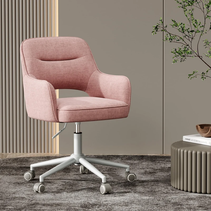 MALOL Fabric Office Chair with Armrest, Hollow Backrest Desk Chair, Swivel Makeup Vanity Chair with Height Adjustable for Home Office, Bedroom, Study (Pink)