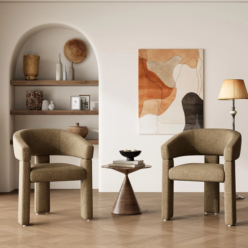 MALOL Wooden Dining Chairs Set of 2, Fabric Accent Chairs with Armrest, Comfy Round Upholstered Arm Chair with 3 Legs, Kitchen Chairs for Dining Room, Living Room, Camel