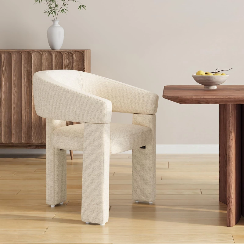 MALOL Wooden Dining Chairs Set of 1, Fabric Accent Chairs with Armrest, Comfy Round Upholstered Arm Chair with 3 Legs, Kitchen Chairs for Dining Room, Living Room, Beige