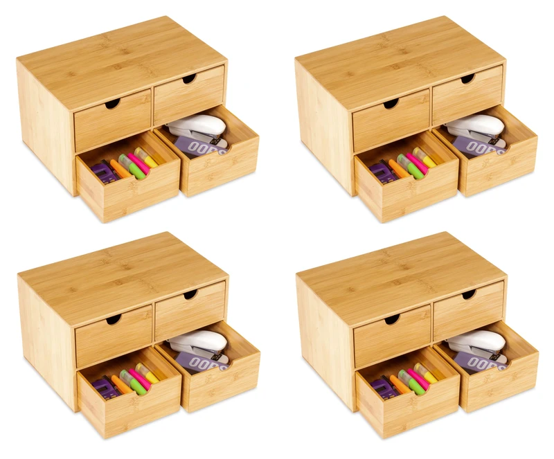 Osco Bamboo 4 Drawer Chest, 4 Pack, Bamboo Desktop Storage Unit for Jewellery, Makeup, Accessories & Stationery, Drawer Organiser for Home & Office, H18.5 × W33.0 × D21.0 cm