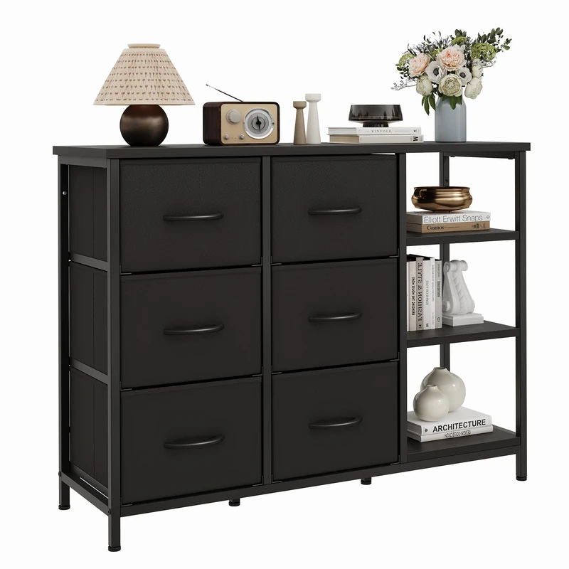 Feonase 6 Drawer Chest of Drawers With Open Storage Unit, Modern Style Fabric Chest of Drawers Furniture,100x30x76cm Black
