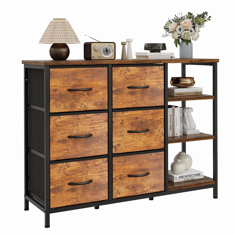 Feonase 6 Drawer Chest of Drawers With Open Storage Unit, Modern Style Fabric Chest of Drawers Furniture,100x30x76cm Retro Color