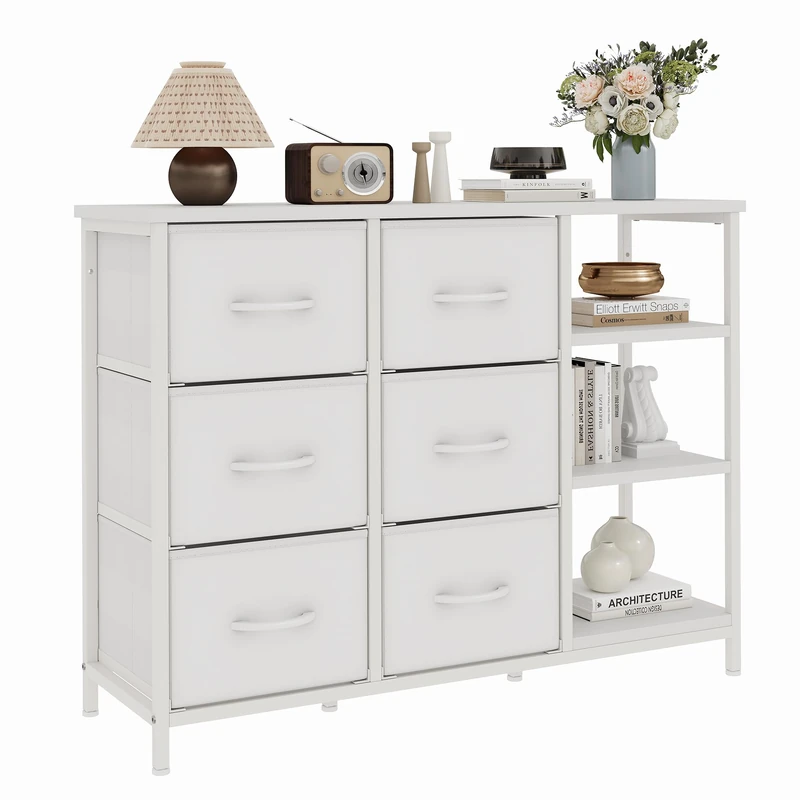 Feonase 6 Drawer Chest of Drawers With Open Storage Unit, Modern Style Fabric Chest of Drawers Furniture,100x30x76cm White
