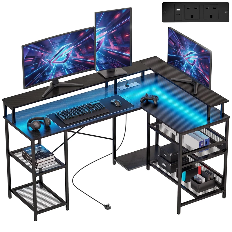 HOMCOM L Shaped Gaming Desk with LED Lights 150cm Black Gaming Texture