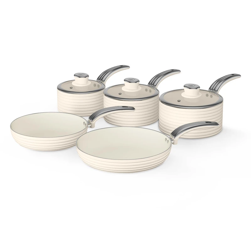 Swan Retro 5 Piece Aluminium Pan Set with Glass Lid, Non Stick Ceramic Coating, Chantilly Cream, SWPS5020CRM