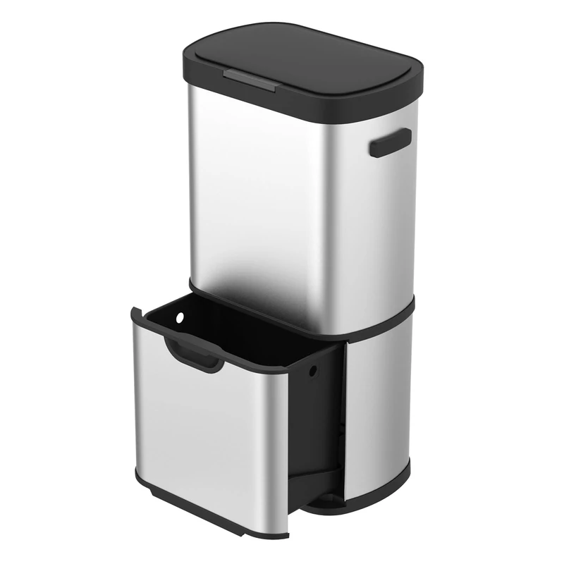 Kitchen Bin,48L Dual Rubbish Bin,18L+30L Stainless Steel Pedal Bin,Double Bin Recycling with Soft-Close Lids and Plastic Inner Buckets,Fingerprint Proof,Odour Seal,Large Capacity, Space Silver
