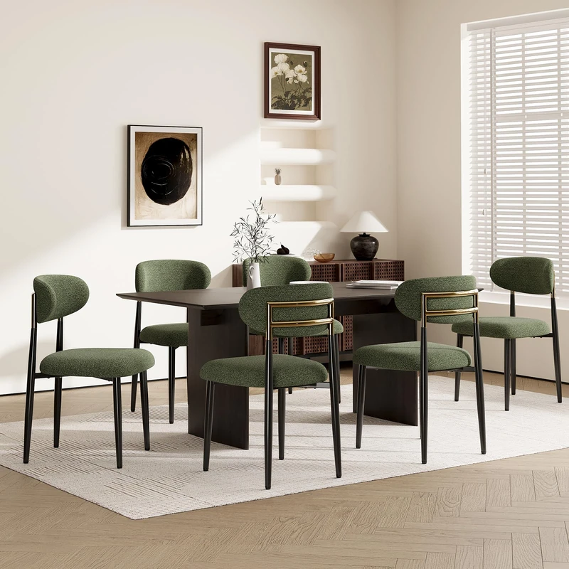 MALOL Dining Chairs Set of 6, Fabric Chairs for Dining Room with Metal Legs & Curved Backrest & Thick Cushion, Upholstered Kitchen Chair with Anti-Slip Pads, Green