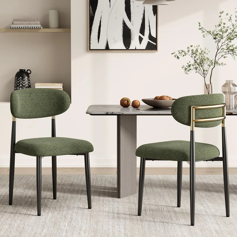 MALOL Dining Chairs Set of 2, Fabric Chairs for Dining Room with Metal Legs & Curved Backrest & Thick Cushion, Upholstered Kitchen Chair with Anti-Slip Pads, Green