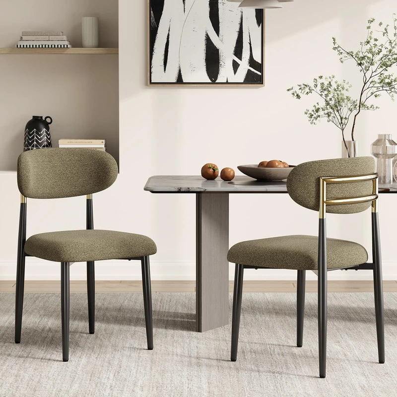 MALOL Dining Chairs Set of 2, Fabric Chairs for Dining Room with Metal Legs & Curved Backrest & Thick Cushion, Upholstered Kitchen Chair with Anti-Slip Pads, Brown