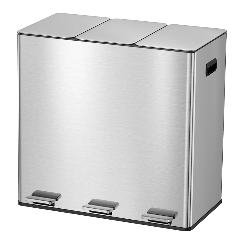 Kitchen Bin, 3 x 20L Recycling Bin, 3 Compartment Rubbish Bin for Recycling and Waste, Soft-Close Lids, Pedals, Inner Buckets, Steel, Stainless Steel Pedal Bin Trash Can with 15 Liners, Space Silver