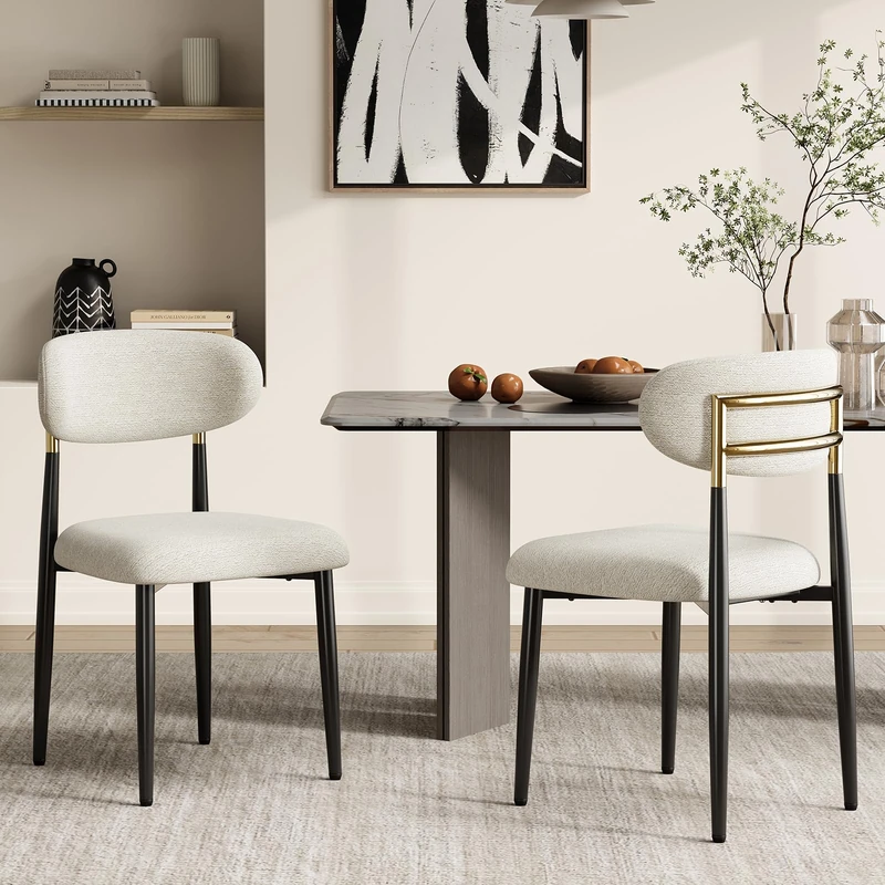 MALOL Dining Chairs Set of 2, Fabric Chairs for Dining Room with Metal Legs & Curved Backrest & Thick Cushion, Upholstered Kitchen Chair with Anti-Slip Pads, Beige