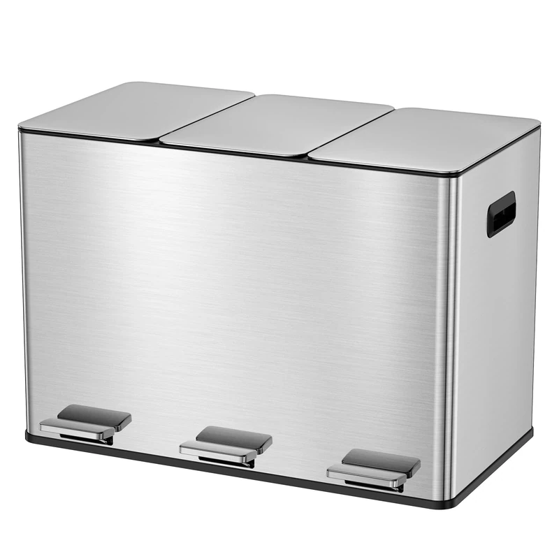 Kitchen Bin, 3 x 15L Recycling Bin, 3 Compartment Rubbish Bin for Recycling and Waste, Soft-Close Lids, Pedals, Inner Buckets, Steel, Stainless Steel Pedal Bin Trash Can with 15 Liners, Space Silver