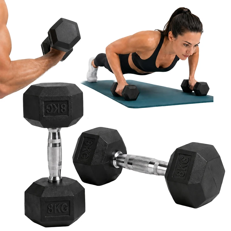 Relaxdays Dumbbells, Set of 2, Cast Iron, 8kg, Coated, Non-slip, Black