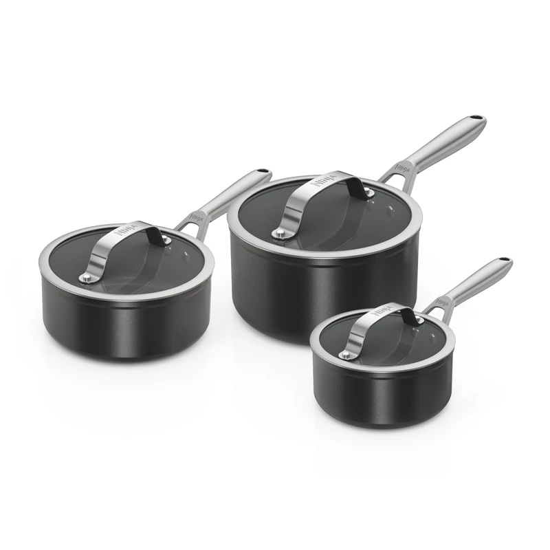 Ninja Ceramic Pro 3-piece Saucepan Set with Lids, Oven Safe to 285°C, All Hob Compatible, Cooking Surface Made PTFE & PFAS-Free, Full Induction Base, Black CW33003EUIBK