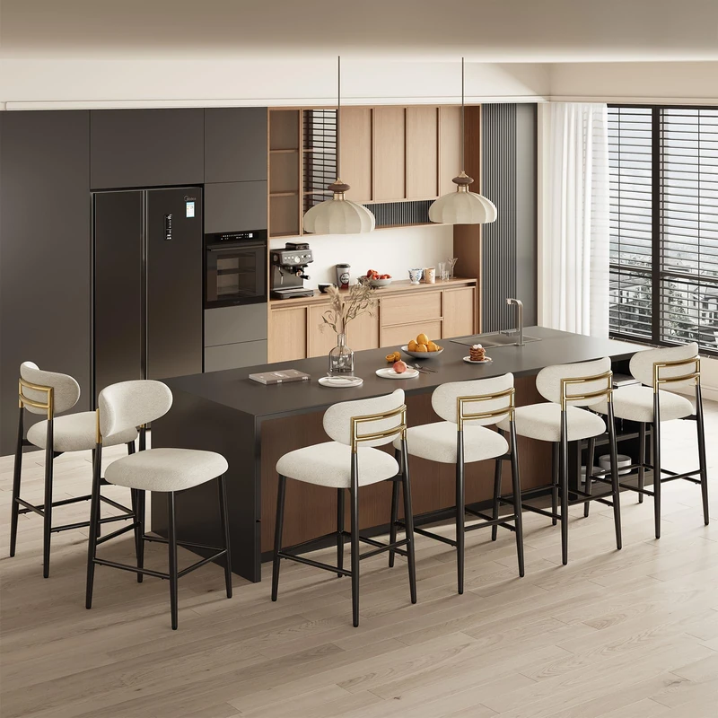 MALOL Counter Height Bar Stools Set of 6, Fabric Kitchen Bar Chairs with Backrest, Metal Legs and Footrest, Modern Barstools Counter with Anti-Slip Pads for Kitchen Island, Dining Room, Beige