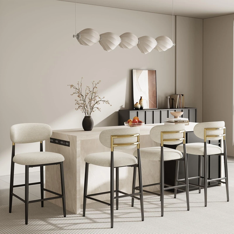 MALOL Counter Height Bar Stools Set of 4, Fabric Kitchen Bar Chairs with Backrest, Metal Legs and Footrest, Modern Barstools Counter with Anti-Slip Pads for Kitchen Island, Dining Room, Beige