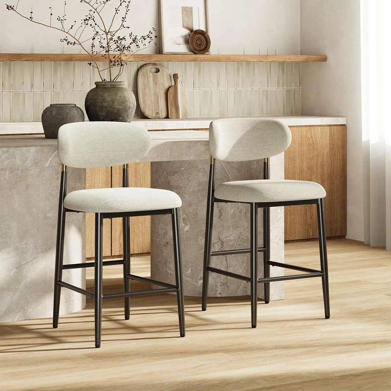 MALOL Counter Height Bar Stools Set of 2, Fabric Kitchen Bar Chairs with Backrest, Metal Legs and Footrest, Modern Barstools Counter with Anti-Slip Pads for Kitchen Island, Dining Room, Beige