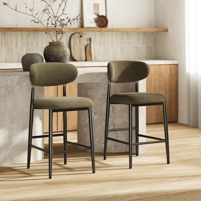 MALOL Counter Height Bar Stools Set of 2, Fabric Kitchen Bar Chairs with Backrest, Metal Legs and Footrest, Modern Barstools Counter with Anti-Slip Pads for Kitchen Island, Dining Room, Camel