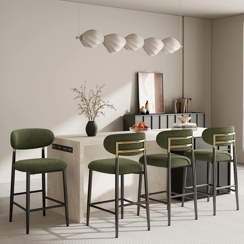 MALOL Counter Height Bar Stools Set of 4, Fabric Kitchen Bar Chairs with Backrest, Metal Legs and Footrest, Modern Barstools Counter with Anti-Slip Pads for Kitchen Island, Dining Room, Green